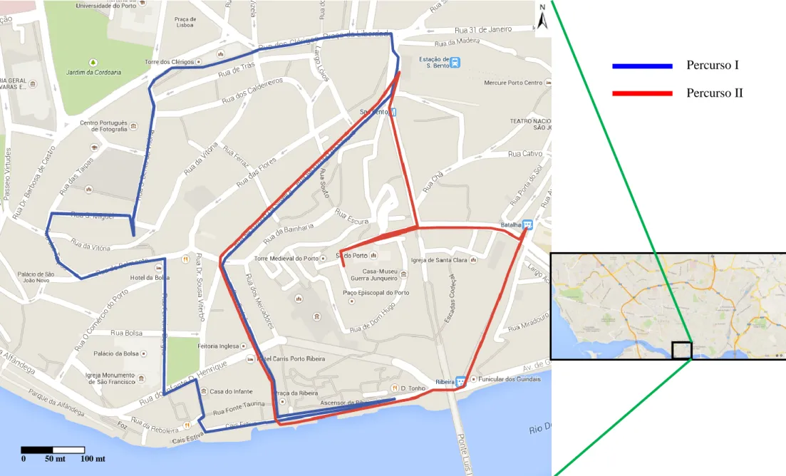 Figura 4: Delimitação dos Percursos I e II – Centro  Histórico do Porto  