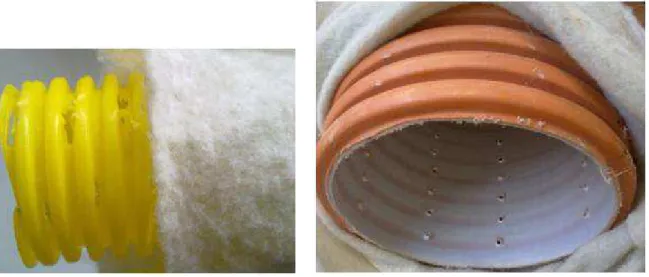 Figura 4.4 – Fotografias dos drenos, um tubo de dreno DN50 revestido por manta geotêxtil (à  esquerda), tubo corrugado DN200 de parede dupla em polipropileno (à direita) 