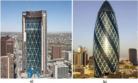 Figure 20 - a) The Bow (Calgary, Canada) (reproduced from [40]) and b) 30 St. Mary  Axe (London, U.K.) reproduced from [41]) 