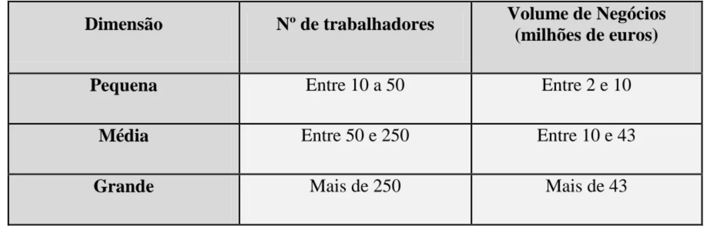 Tabela 3.1 Classificação das empresas em pequenas, médias e grandes (Europa, 2007) 