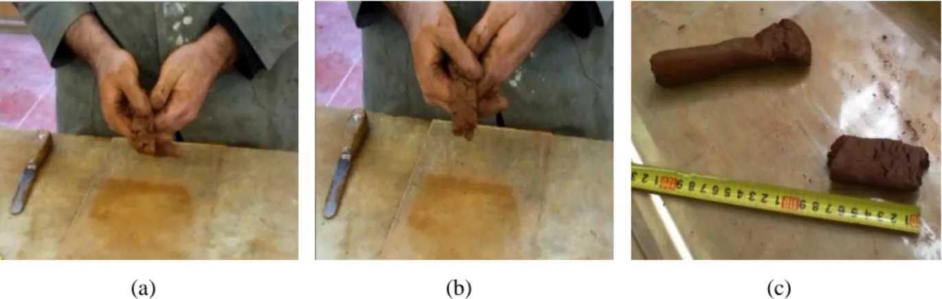 Figura  3.2  –  Processo  de  execução  do  ensaio  de  charuto:  a)  achatamento)  flexão  da  fita;  c)  medição