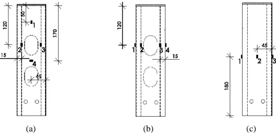 Figura 4.7 - Disposição dos extensómetros nos perfis 90x1.5_N_Furos nos provetes P1,  P2, P3 (a) e P4 (b) e nos perfis 90x1.5_N_Liso (c)