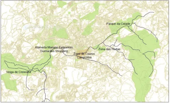Figura 3.3 – Mapas das diferentes zonas de Guimarães atravessadas pela ribeira 