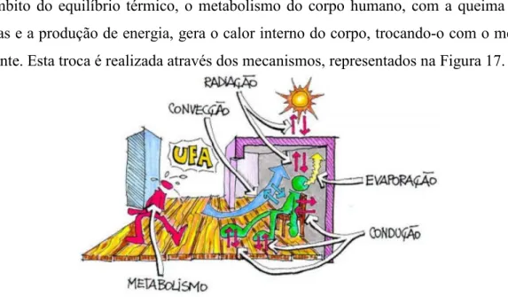 Figura 17 – Representação das trocas de calor entre o corpo humano e o meio ambiente  (Adaptado de Dutra, 1997)