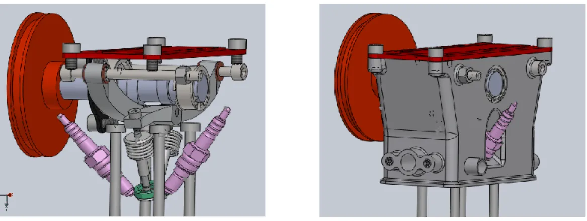 Figure 16 - Engine head interior assembled components (left) and full assembled engine head (right)