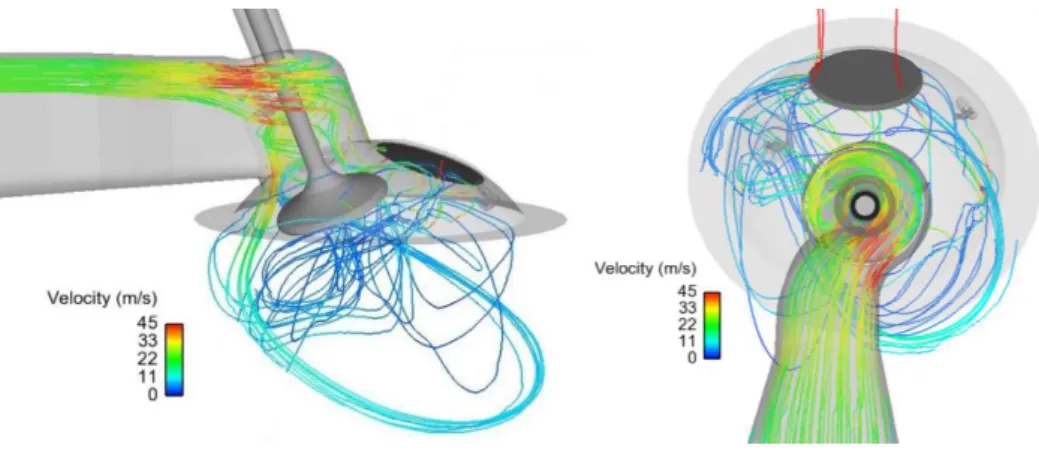 Figure 46 -  Two different views of the pathlines of mixture particles swirling through the geometry