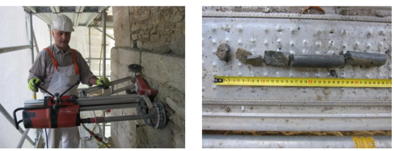 Figure 2. 15- The coring process, Figure 2. 16- Drilled core from a masonry wall  (From: www.expin.it) 