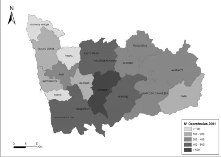 Fig. 8 – Número de ocorrências nos concelhos do distrito do Porto em 2003  Fonte: ICNF 