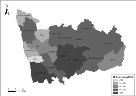 Fig. 11 – Número de ocorrências nos concelhos do distrito do Porto em 2006  Fonte: ICNF 