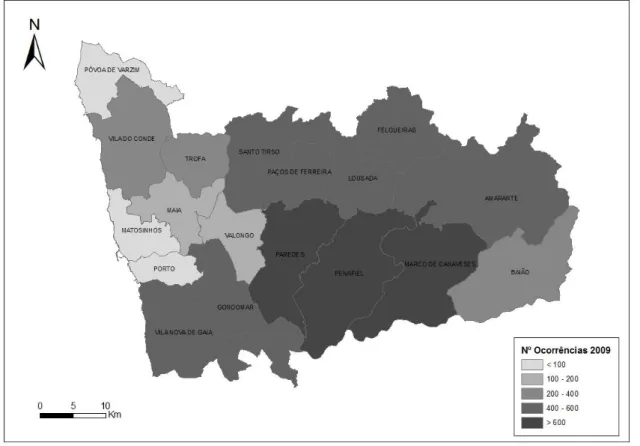 Fig. 14 – Número de ocorrências nos concelhos do distrito do Porto em 2009 