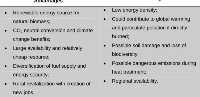 Table 1 - Major advantages and disadvantages of biomass. Source: own elaboration based on: 