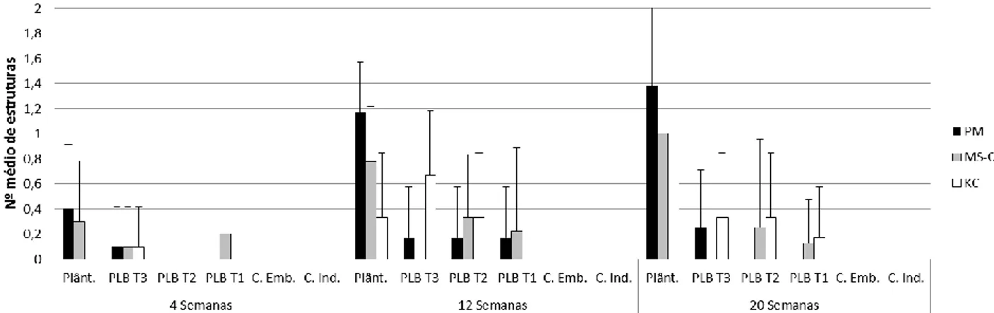Fig. 14 – Número  médio (n=10; +SD) de protocormos de cada classe de desenvolvimento (PL T-1, PL T-2, PL T-3, Plântulas) e  de  calli embriogénicos (C