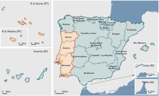 Figure 3 ­ Map of the Iberian Peninsula, where is differentiated the area that corresponds to Spain (in blue)  and the area that corresponds to Portugal (in orange) [INE, 2012b] 