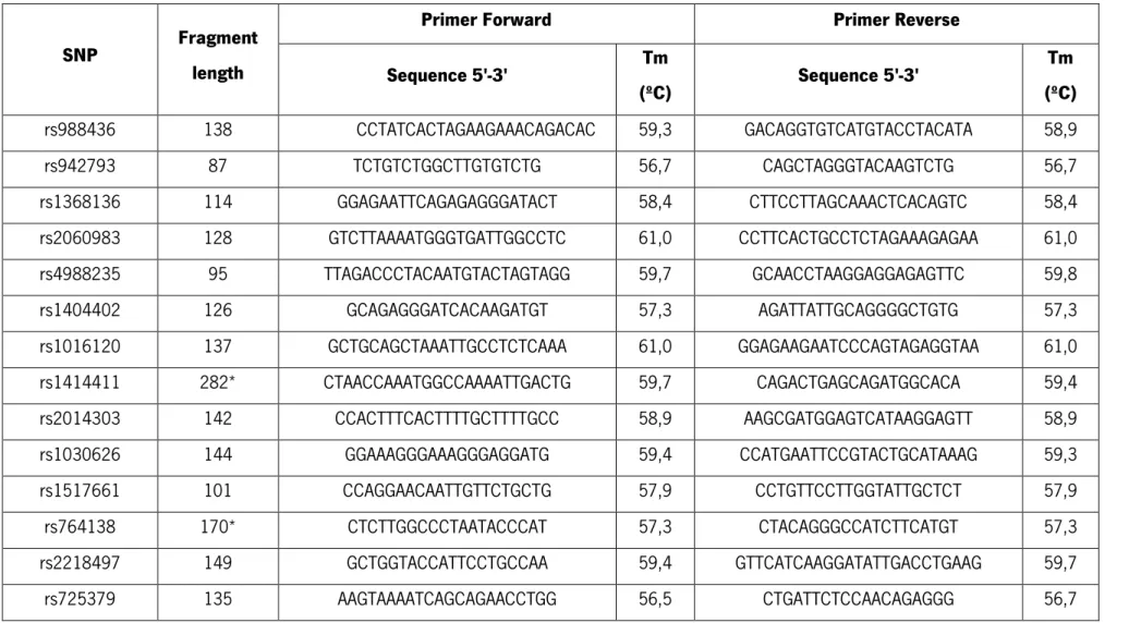 Table 2 - Primers designed to amplify specific regions, on which existed the SNP previously selected