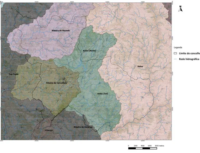 Figura 8 – Mapa da rede hidrográfica e das principais sub-bacias da área de estudo, com representação dos limites do  concelho de Macedo de Cavaleiros