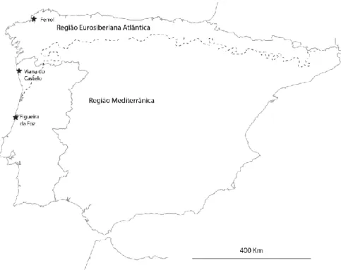 Figura 4: Localização (★) dos locais de amostragem ao longo da costa oeste da Península Ibérica