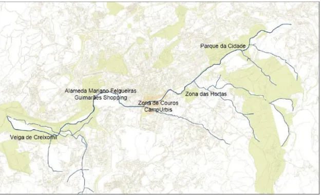 Figura 3.1 – Mapa das diferentes zonas de Guimarães atravessadas pela ribeira de Couros 