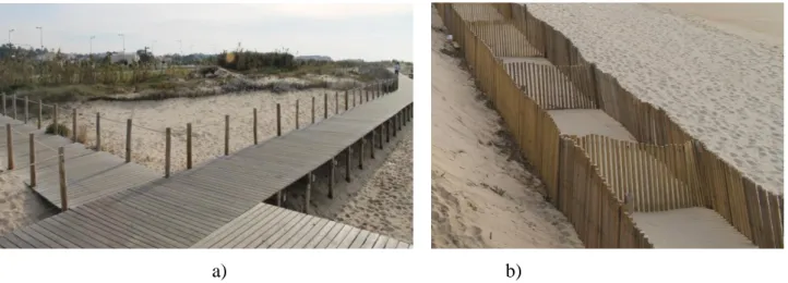 Figura 2.6 Estruturas de proteção sobre dunas costeiras: a) passadiço sobrelevado;        