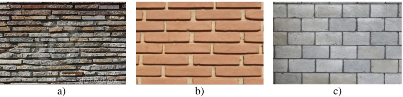 Figura 1.1 - a) Alvenaria em pedra; b) Alvenaria em tijolo; c) Alvenaria em blocos de betão 