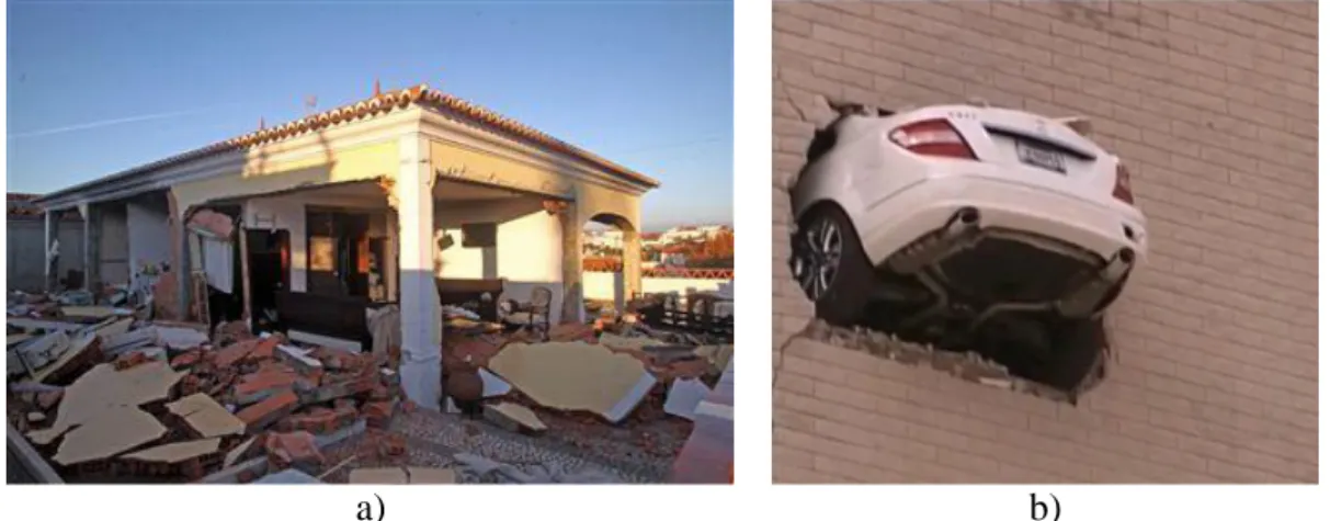 Figura 1.3 - a) Explosão de gás numa residência; b) Embate de um automóvel contra uma  parede 