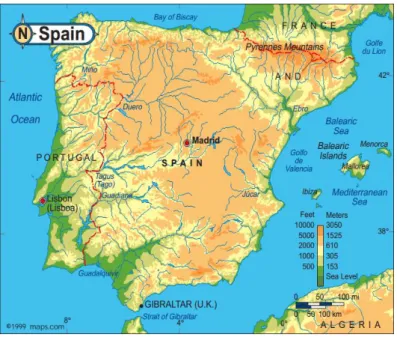 Figure 7 - Map of Altitudes of the Iberian Peninsula (source: www.maps.com). 