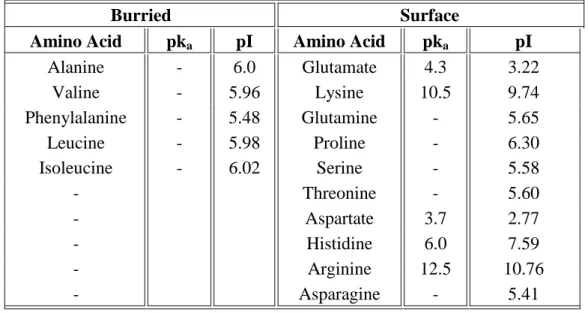 Table  2.2  –  Buried  and  surface  amino  acids,  and  the  respective  pk a   and  pI,  included  in  the  peptide CMLb2a2 peptide