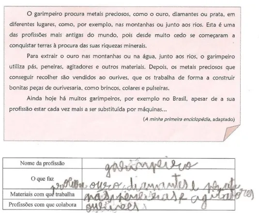 Figura 12. Exemplo de um dos textos das fichas de trabalho com a respetiva tabela de registo