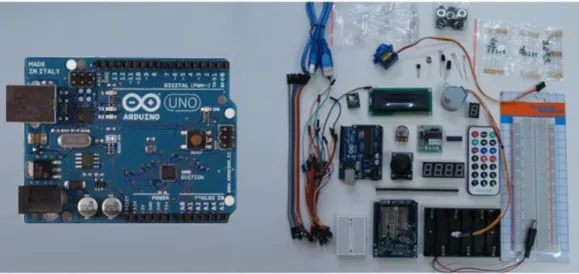Figura 1 - Placa Arduino e alguns componentes eletrónicos com esta placa 