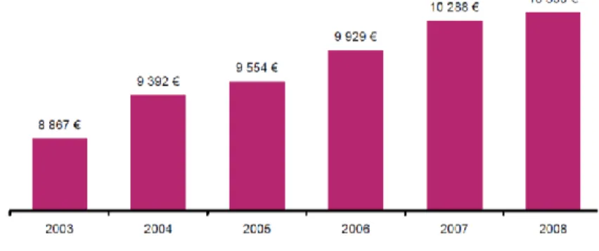 Gráfico 1 – Rendimento monetário disponível médio por adulto equivalente, Portugal 2003-2008 