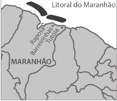 Figura 03. O litoral do estado do Maranhão com destaque a localização dos municípios de Tutóia, Raposa, a capital São  Luís e a praia de Atins no município de Barreirinhas