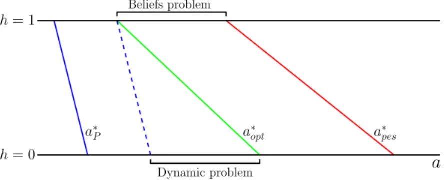 Figure 1.2: The case with no shocks ah= 1h= 0a∗Pa∗opta∗pesBeliefs problem Dynamic problem
