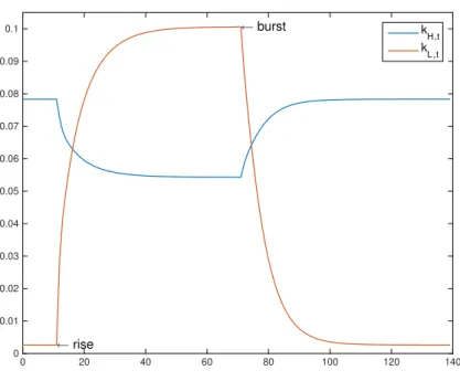 Figure 9 0 20 40 60 80 100 120 14000.010.020.030.040.050.060.070.080.090.1← rise← burstkH,tkL ,t