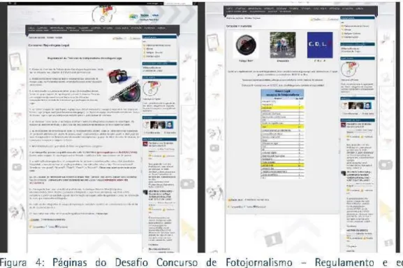 Figura  4:  Páginas  do  Desafio  Concurso  de  Fotojornalismo  - Regulamento  e  equipes  Sem i fina I istas