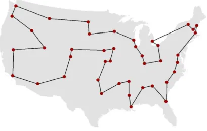 Figure 4-17 Recreation of the TSP solution obtained by George Dantzig, Ray Fulkerson and  Selmer Johnson (adapted Cook, 2013)