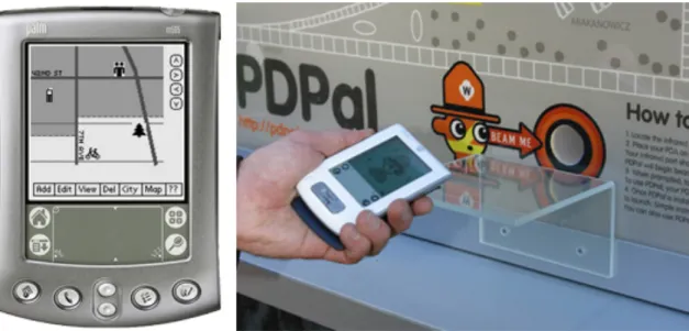 Figura 3.07 Visor de um PdPal com a aplicação “PdPal” (2003) de Julian  Bleecker, Marina Zurkow, e Scott Paterson, e detalhe de um quiosque