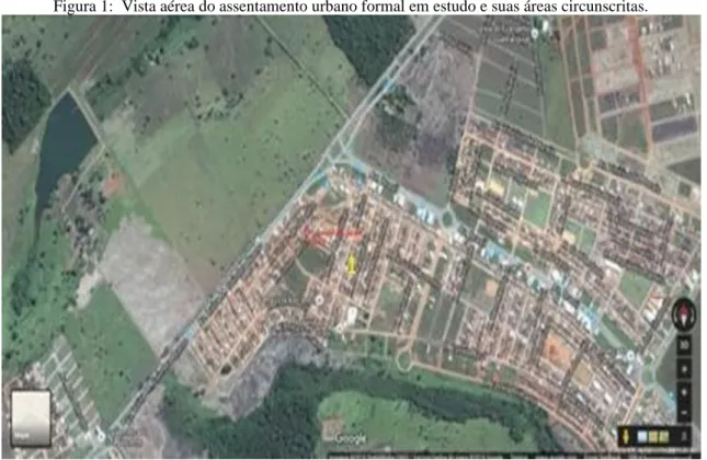 Figura 1:  Vista aérea do assentamento urbano formal em estudo e suas áreas circunscritas