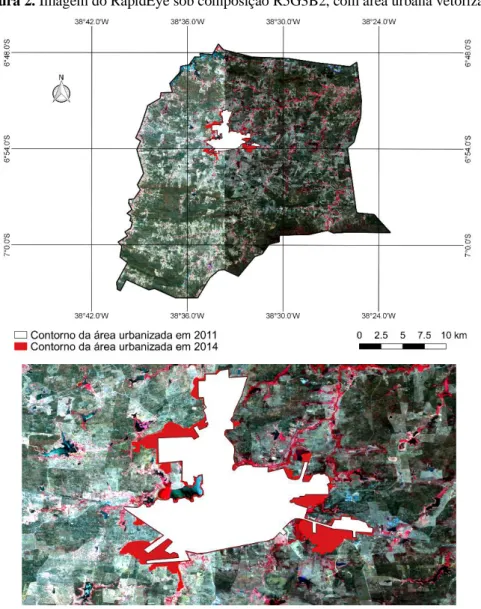 Figura 2. Imagem do RapidEye sob composição R5G3B2, com área urbana vetorizada. 