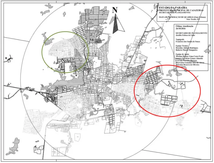 Figura 4. Zona urbana de Cajazeiras/PB 2017, com destaque aos bairros Pio X à esquerda (verde) e Jardim Oásis a  direita (vermelho), apontados como os que apresentaram maior expansão nos últimos anos