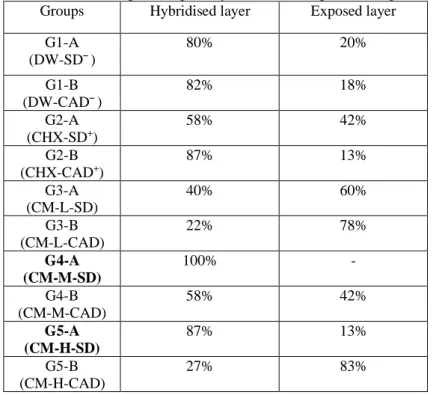 Table 2 – Results of the percentage of hybridized and exposed collagen for each group