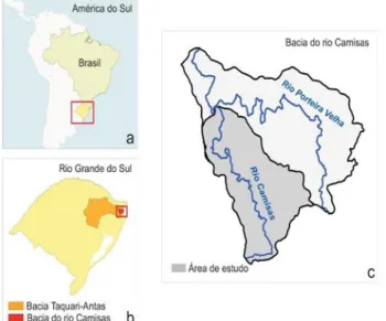 Figura 1- a) Localização do estado do Rio Grande do Sul em relação ao Brasil e  América do Sul; b) Bacias dos rios Taquari-Antas e Camisas; c) Área de estudo:  