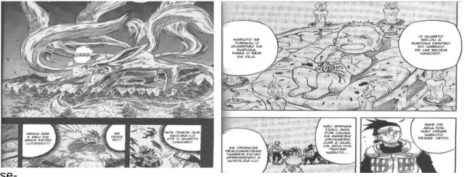 Figura 3: Ataque da Raposa de Nove Caudas, a direita e nascimento do Naruto e selamento  da raposa, em seu corpo, a esquerda