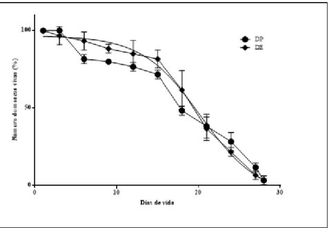 Figura 2- Curva de sobrevivência das moscas expostas a dieta padrão (DP) e dieta experimental (DE)