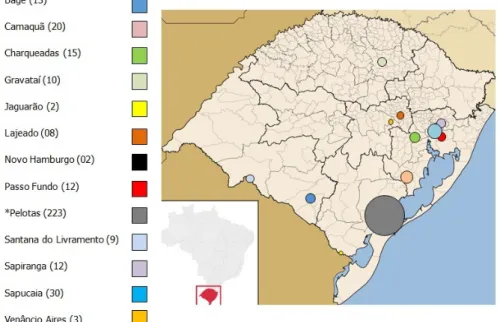 Figura 5 - Número de servidores pertencentes ao grupo de risco ao COVID-19 de cada câmpus do Instituto Federal Sul-rio-grandense, por cidade onde trabalham