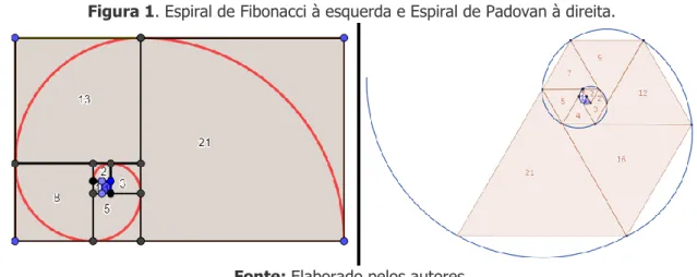 Figura 1. Espiral de Fibonacci à esquerda e Espiral de Padovan à direita. 