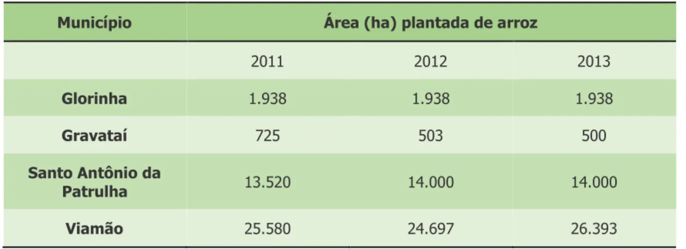 Tabela 3. Municípios e suas respectivas áreas ocupadas por plantação de arroz. 