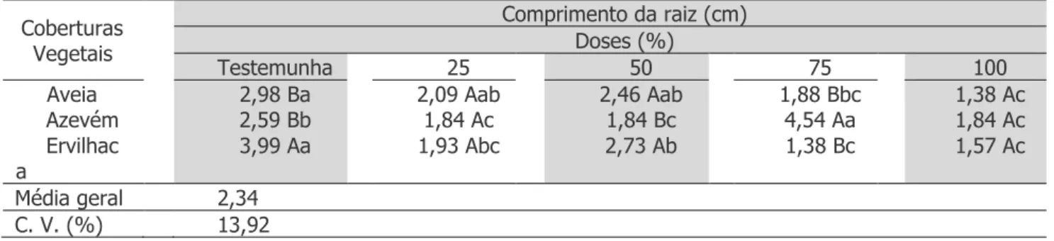 Tabela 2 – Comprimento da raiz principal (cm) em função das doses de extratos e das coberturas vegetais