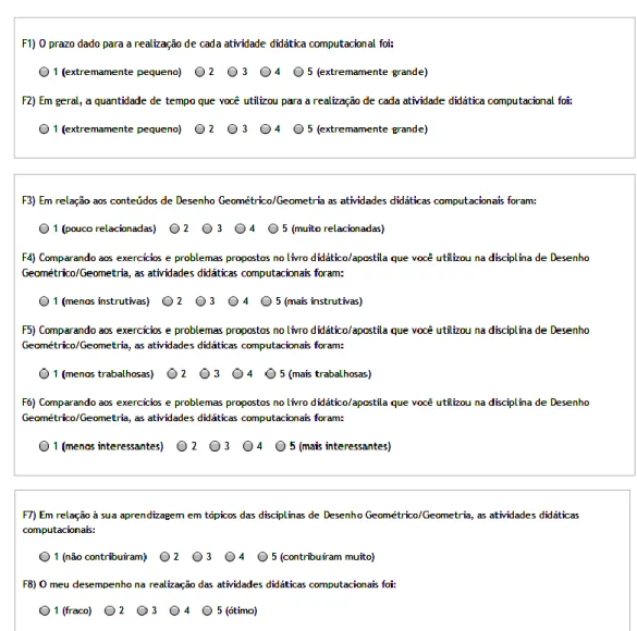 Figura 4 – Questionário F respondido pelos alunos no encerramento das sequências de AD, organizado em três blocos de  questões