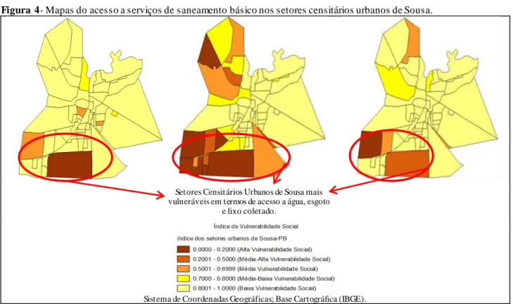 Figura  4- Mapas do acesso a serviços de saneamento básico nos setores censitários urbanos de Sousa
