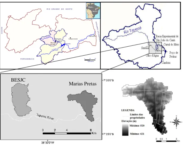 Figura 1 – Localização da área de estudo, MDE do terreno e limites das propriedades rurais  