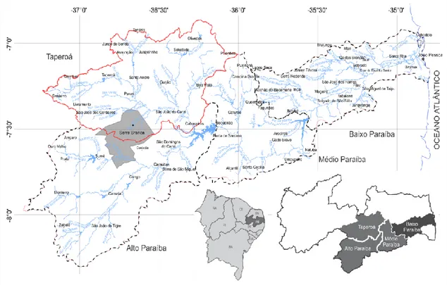 Figura 1 – Localização do município de Serra Branca Paraíba e as subdivisões da Bacia do Rio Paraíba: Região Alto,  Médio e Baixo Curso do rio Paraíba 